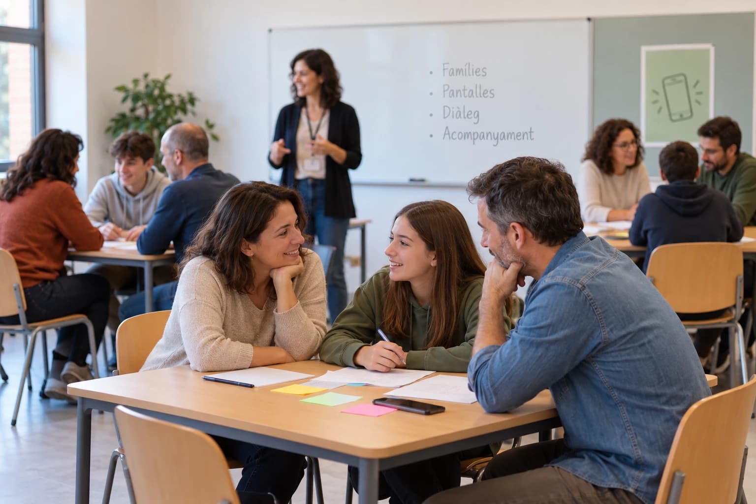 Pares, mares i alumnes conversant junts en una sessió conjunta a l'aula